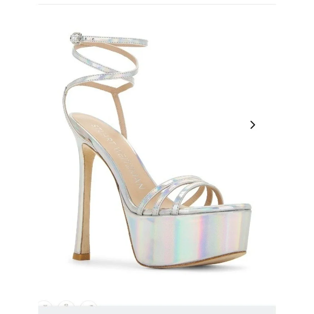 Stuart Weitzman‎ Soiree 145 Platform Silver Holographic Heels Sandals 7.5 NEW